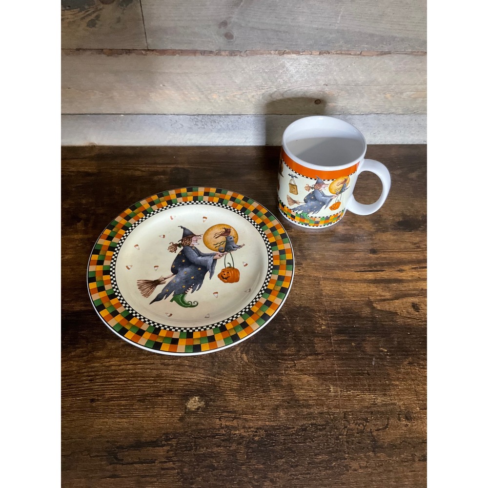 Sakura Debbie Mumm Halloween Stoneware Witch Plate and Mug Set 1998 Vintage